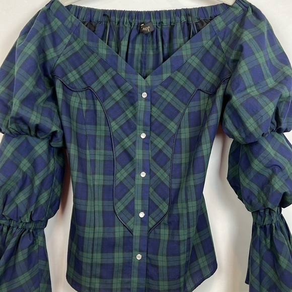 Petersyn Sasha Plaid Blouse Western Prairie XS Navy Green Puff Sleeve - Picture 4 of 9